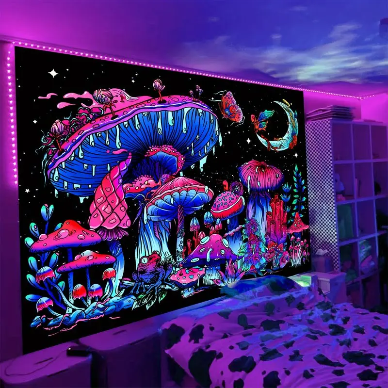 VIKAMA Blacklight Mushroom Tapestry Neon Pink Blue Trippy Butterfly Moon Wall Hanging UV Reactive Indie Dorm Room Decor