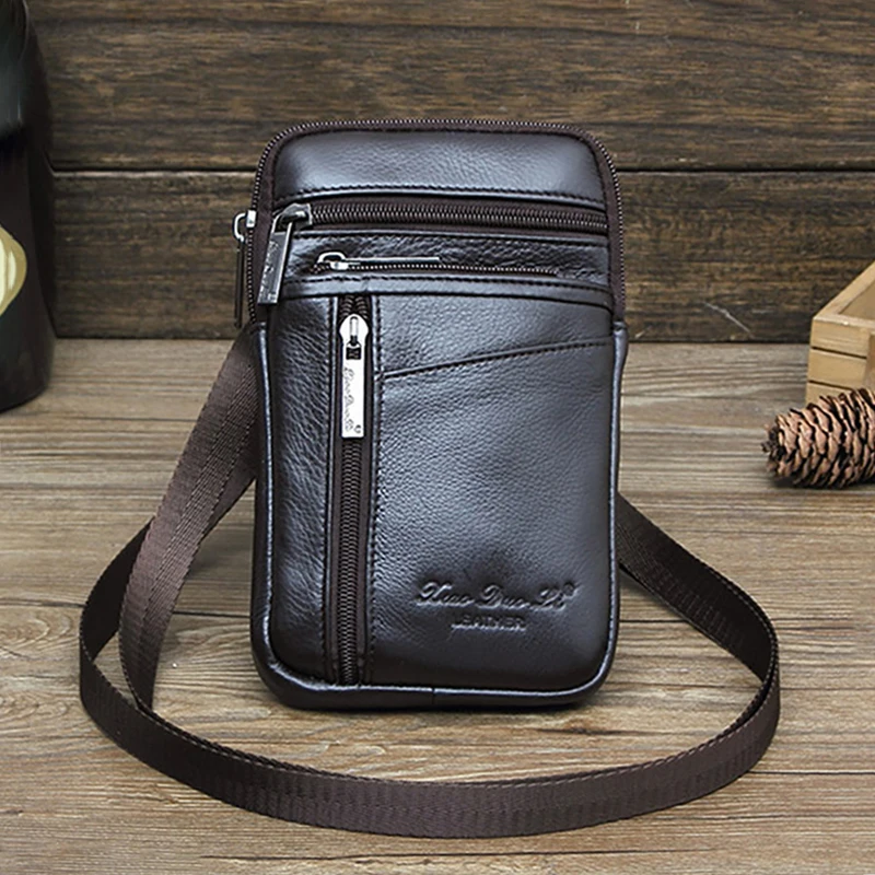 Mężczyźni Mini Crossbody Shoulder Fanny Waist Pack Genuine Leather Cell Mobile Phone Case Male Messenger Hook Belt Bag Purse — zdjęcie 4