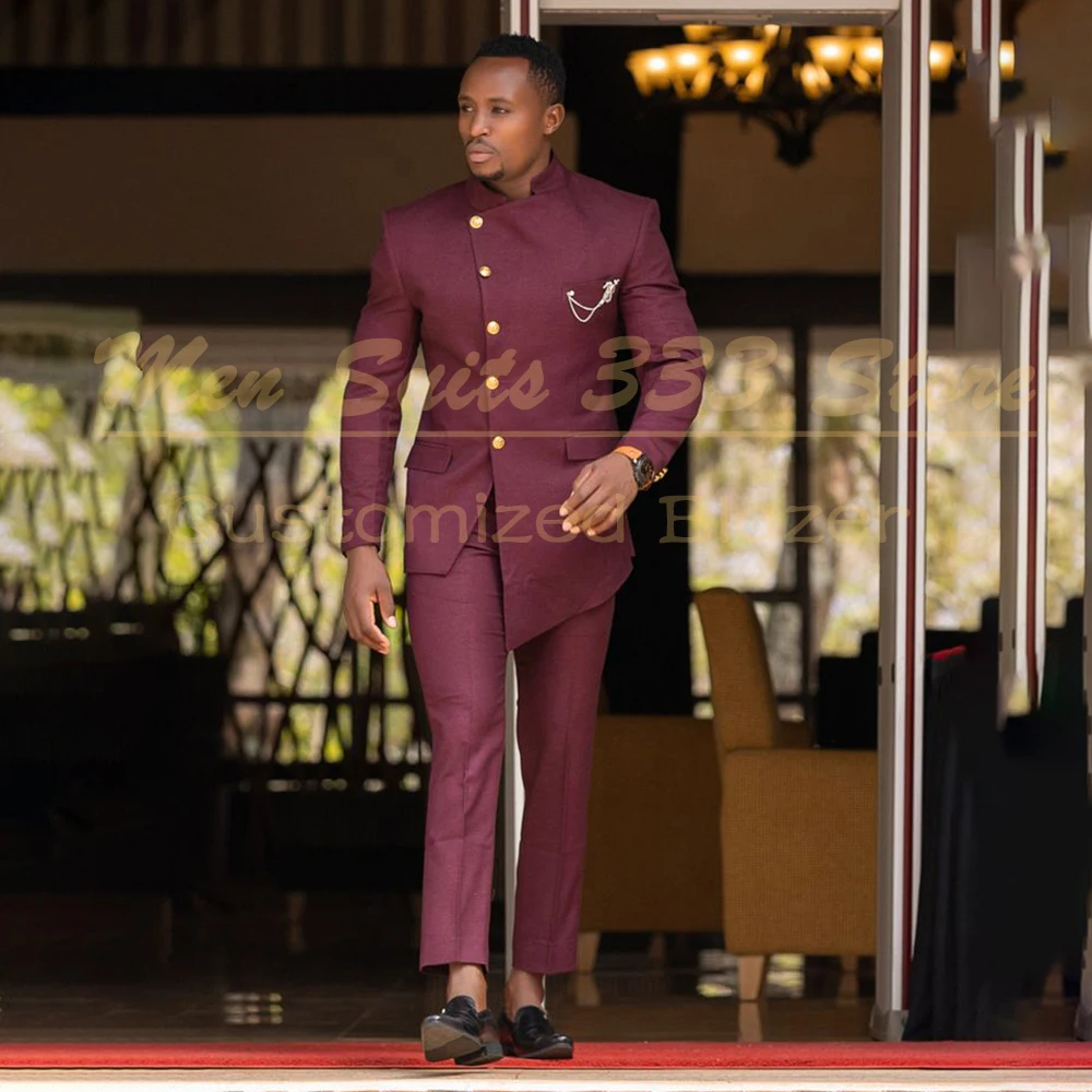 

Formal Safari Men's Suits Solid Color Single Breasted Satnd Lapel Slim Fit 2 Piece Jacket Pants Sets High Quality Male Clothing