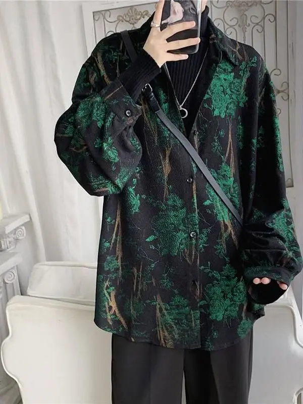 

Loose Fit Printed irt Jaet for Men Breathable Lightweight Long Sve Cuban Collar Open Cardigan Sle American Faion