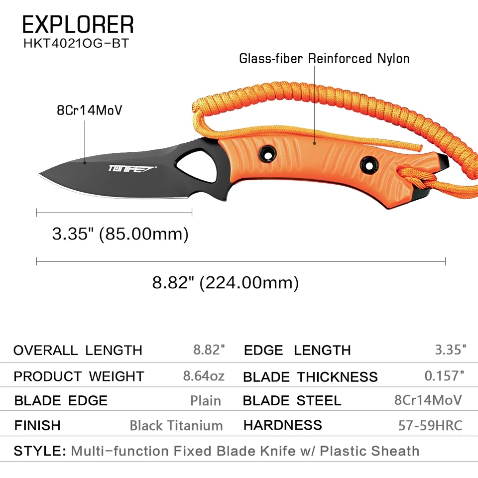 TONIFE Explorer Fixed Blade Knife with Non-slip Handle Survival Hunting Camping Tool Tactical Outdoor BBQ Knife EDC Tool Utility