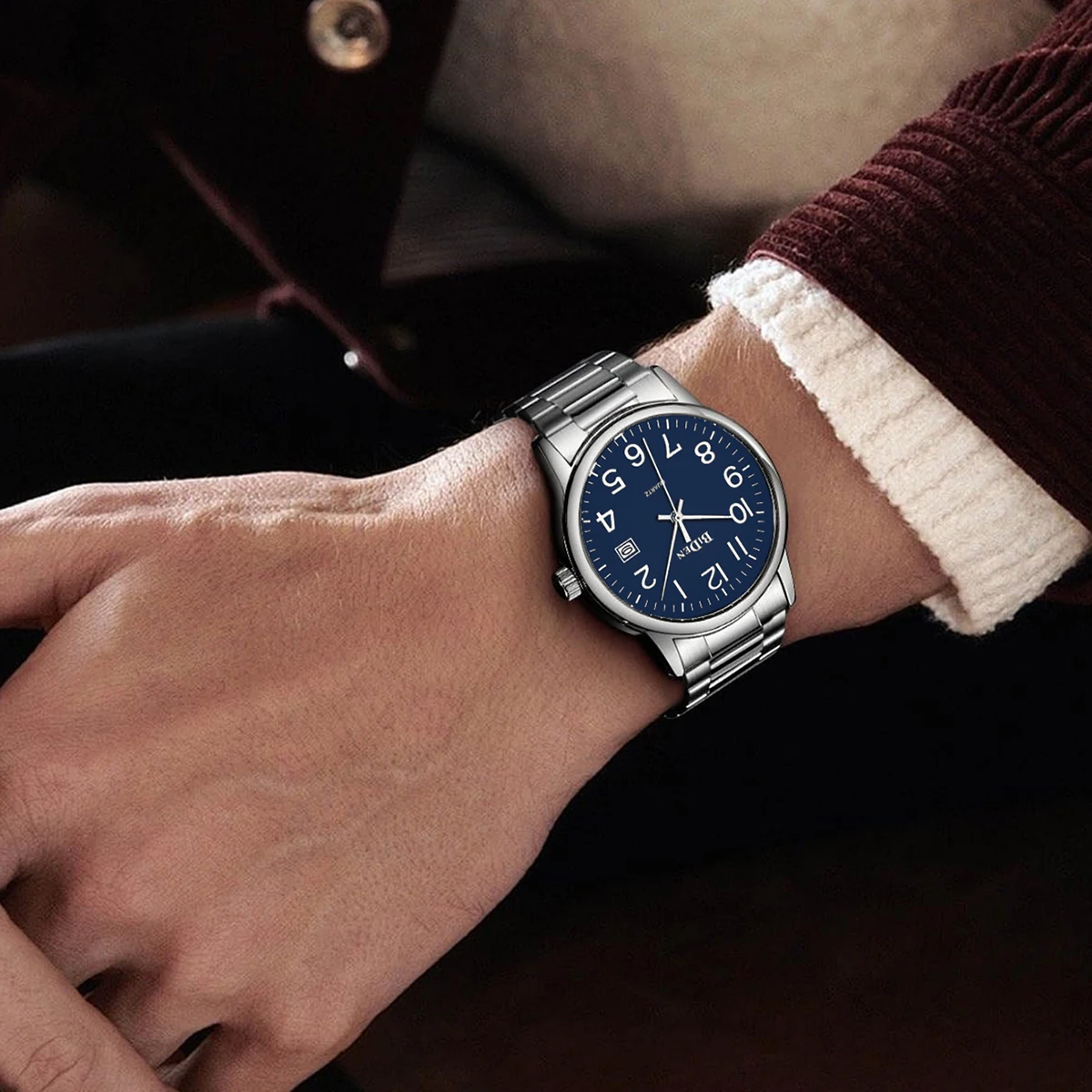 BIDEN Jam Tangan Pria Bermerek Mewah Jam Tangan Pria Tanggal Tahan Air Jam Tangan Pria Kuarsa Tali Baja Tahan Karat Jam Tangan Pria Reloj