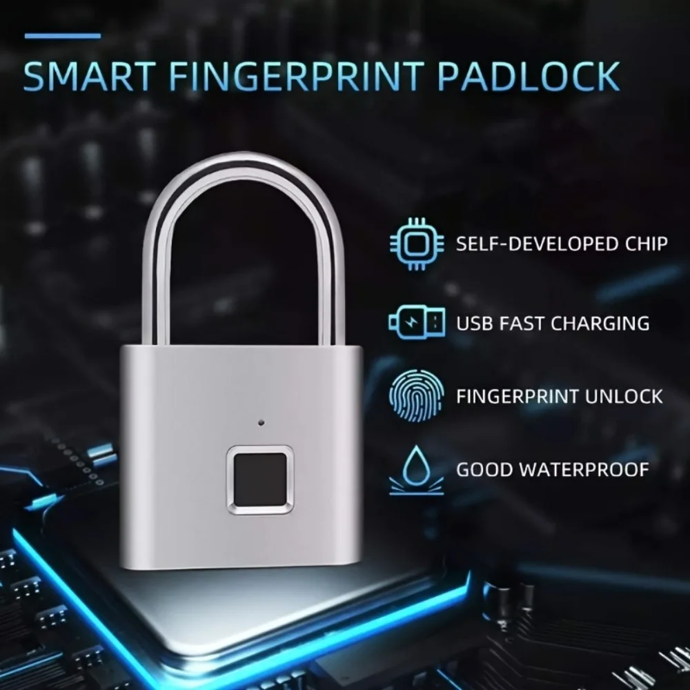 Keyless USB Charging Door Lock Fingerprint Smart Padlock Quickly Unlock Zinc Alloy Metal Self-imaging Chip 20 Fingerprints