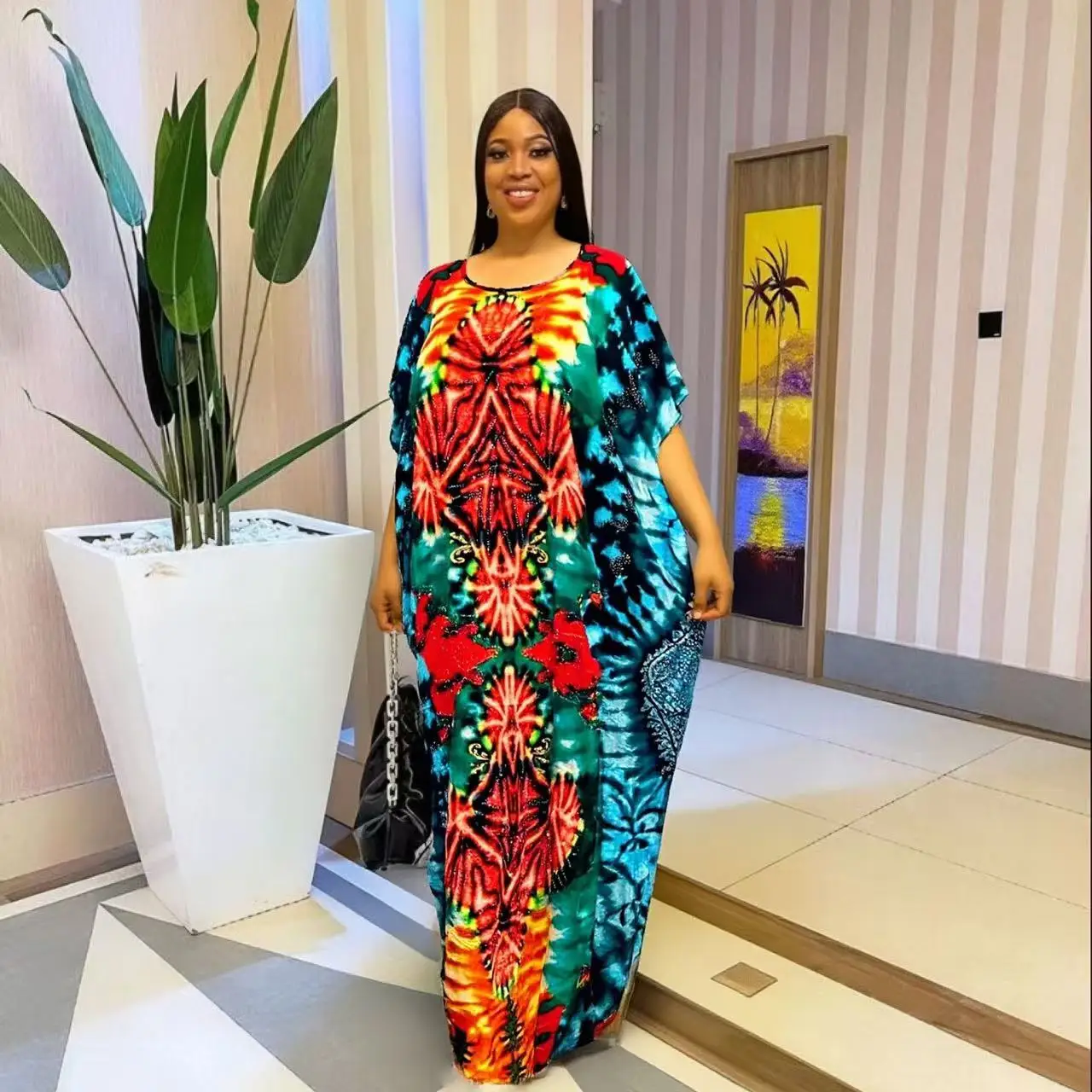 

2025 новое модное свободное дышащее платье с этническим принтом в африканском стиле, летнее женское платье больших размеров с бриллиантами