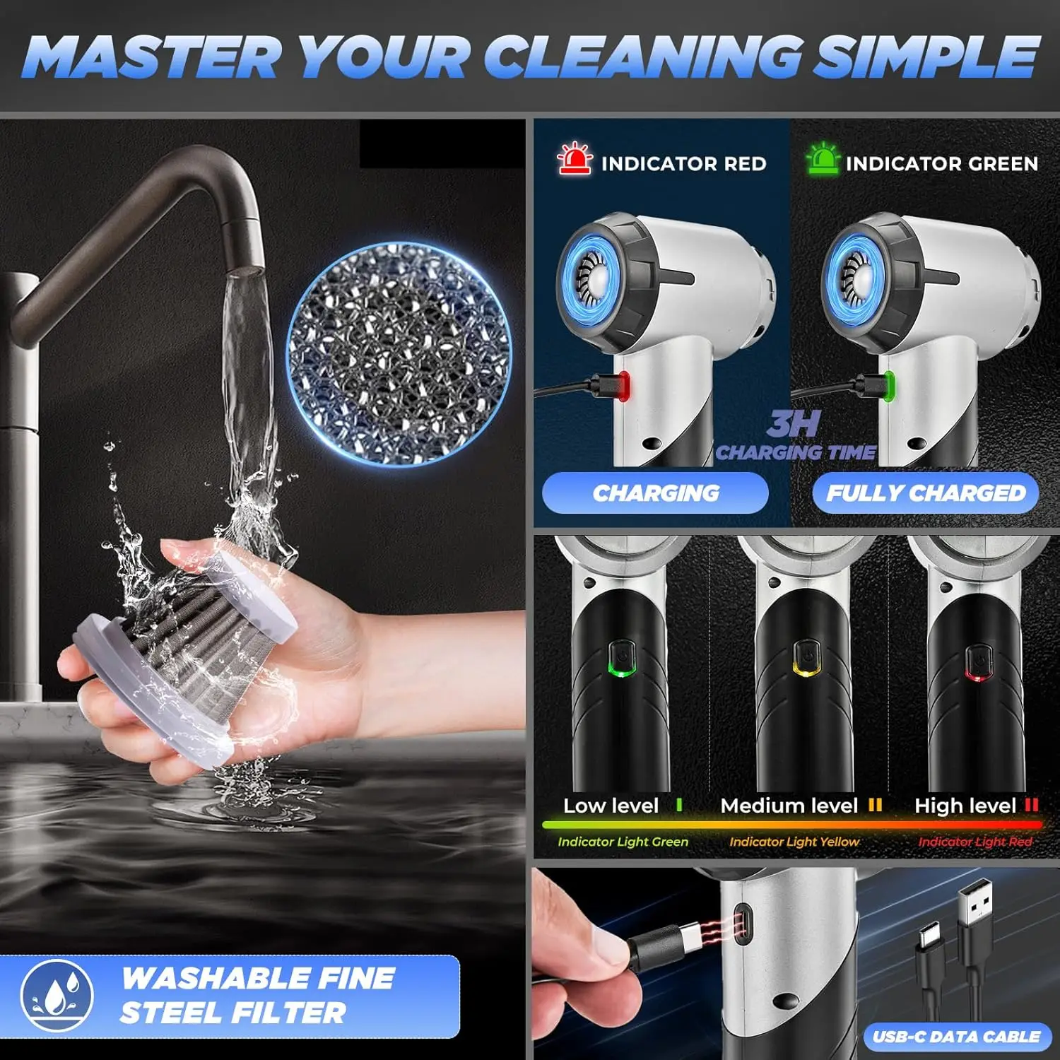 مكنسة كهربائية محمولة للسيارة لاسلكية بقوة 17000 باسكال قابلة لإعادة الشحن مع محرك بدون فرش للمنزل والمكتب والحيوانات الأليفة - HL132 أسود