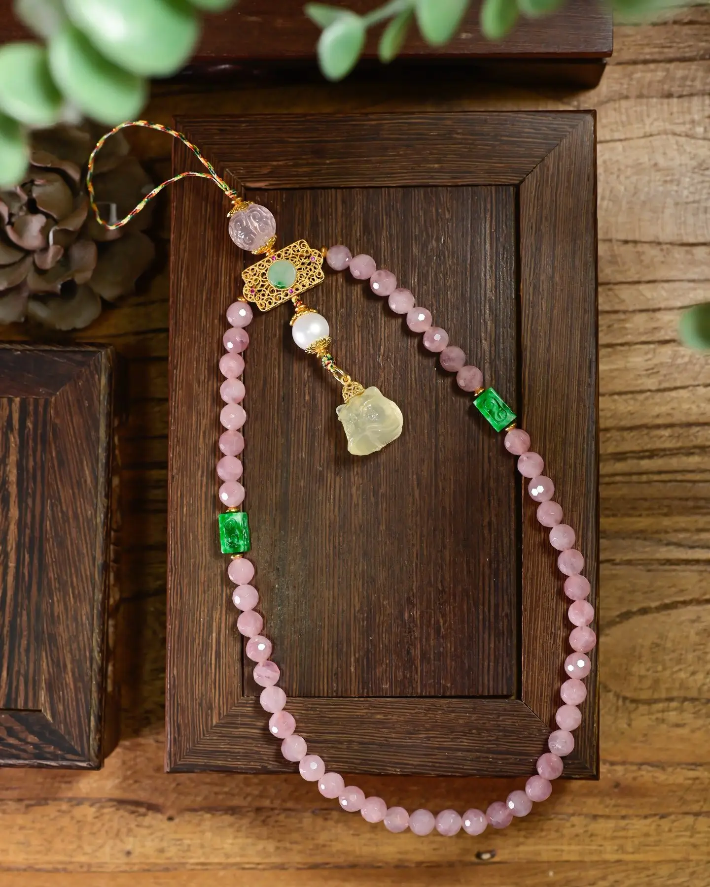 Natural Rose Quartz Phone Strap, Citrine Awakening Lion, A-Grade Dry Green Jade Cube Beads 925 Gold Plated, Lucky Jewelry Gift