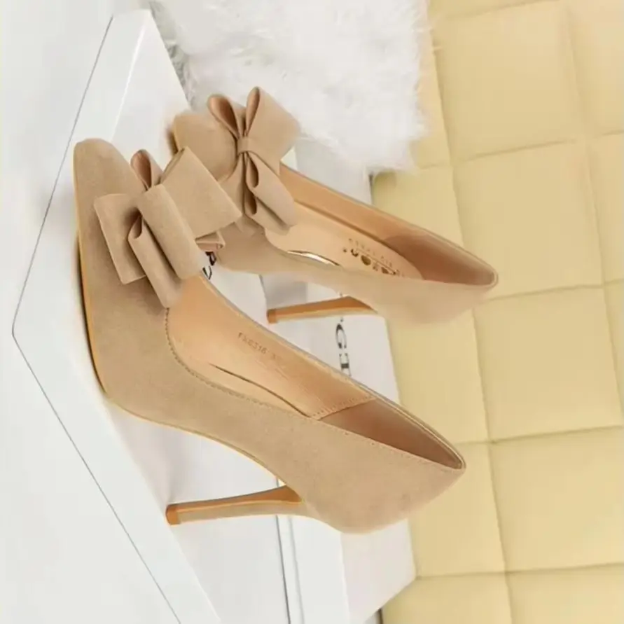 

Обувь BIGTREE, новинка 2025 года, замшевые женские туфли-лодочки с бантом, большие размеры 34–43, туфли на высоком каблуке-шпильке 10 см, женская обувь, роскошные банкетные туфли