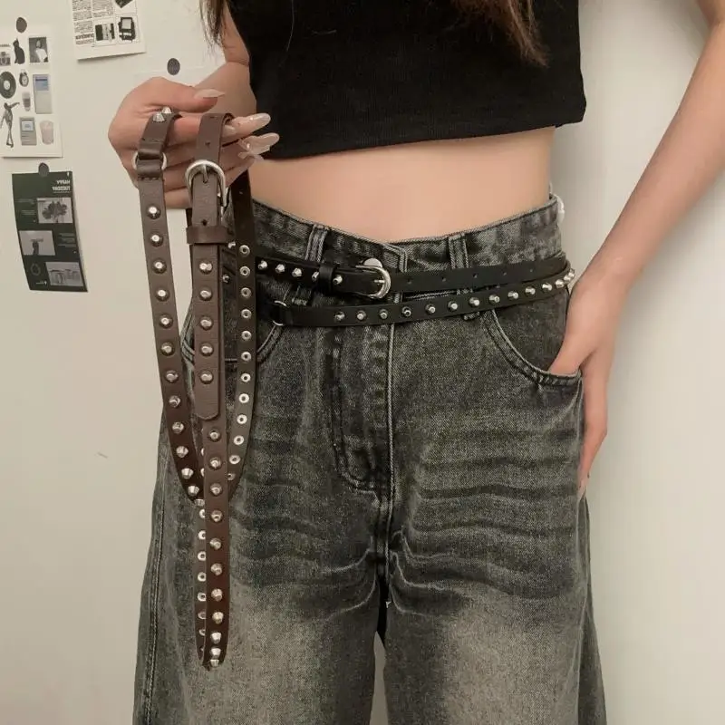 

1pc Women's Belt Punk Leather Belts Unisex Jeans Pannts Chain Belts For Men and Women Casual Punk Dual Circle Waist Belt with Ri