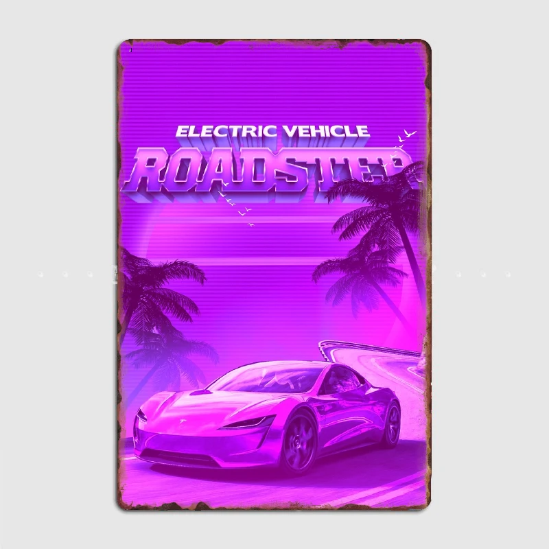 Tesla Roadster Synthwave Metal Plaque Cinema Living Room Kitchen Decoration Plaques Tin Sign Posters