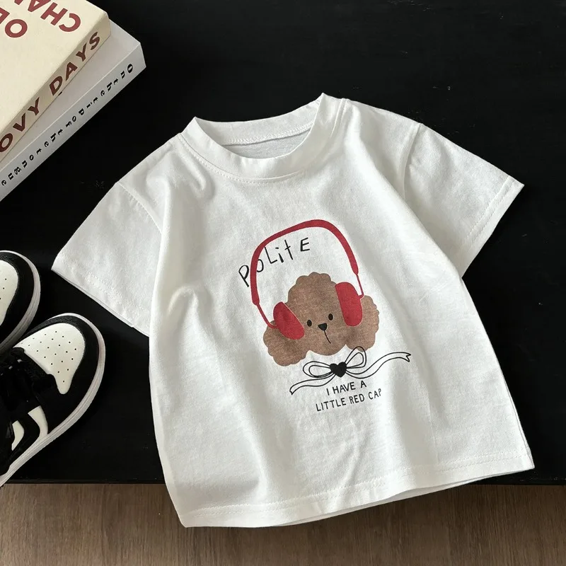 2026 Children's T-shirt Headphones Bear Cartoon Print Pure Cotton Loose Casual Round Neck Parent-child Outfit Short Sleeved