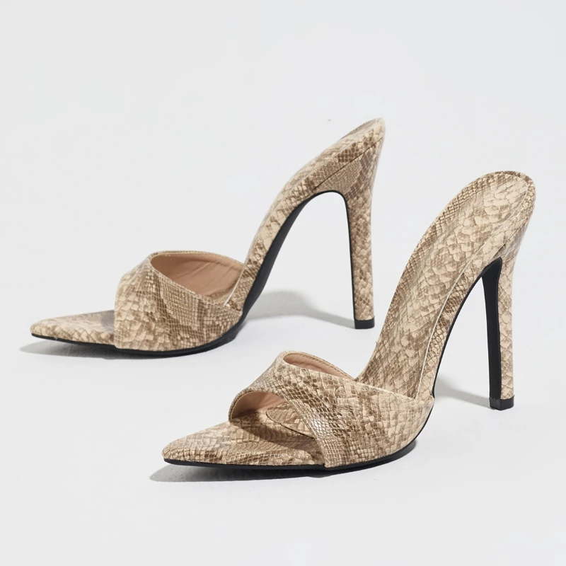 Snake Pattern Details Sexy Mules Style Women Sandals Pointed Toe Heels Summer Brand Thin Heel Slippers Ladies Party Dress Shoes