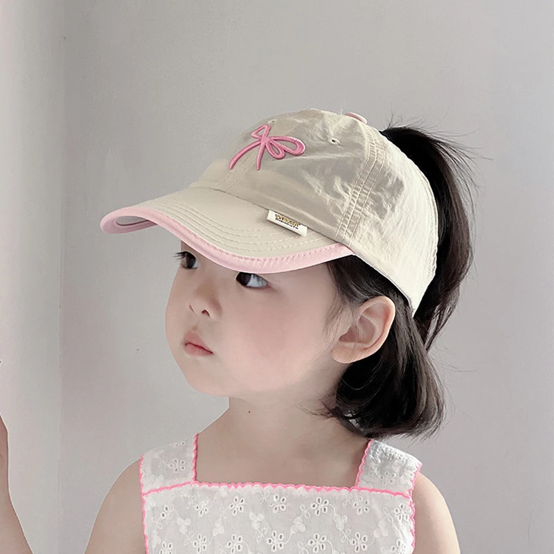 

High Ponytail Girl Duckbill Hat Baby Summer Sun Hats 1-4year Kids Quick Drying Baseball Cap Embroidery Bow Children Peaked Cap