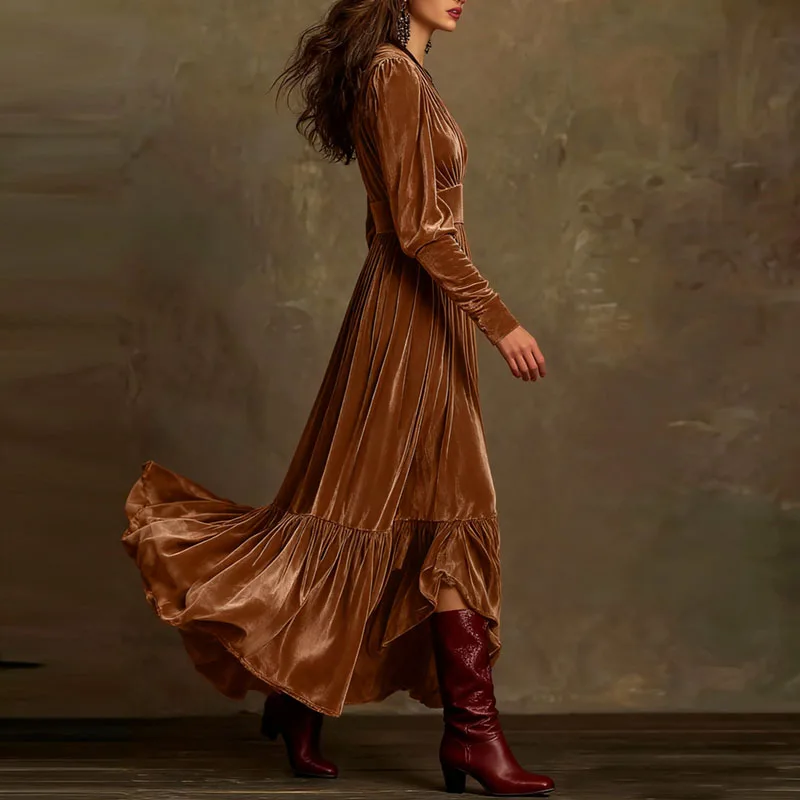 New Retro Solid High Waist Pleated Velvet Dress Woman Sexy Deep V Neck Swing Long Dress Fall Winter Long Sleeve Loose Maxi Dress