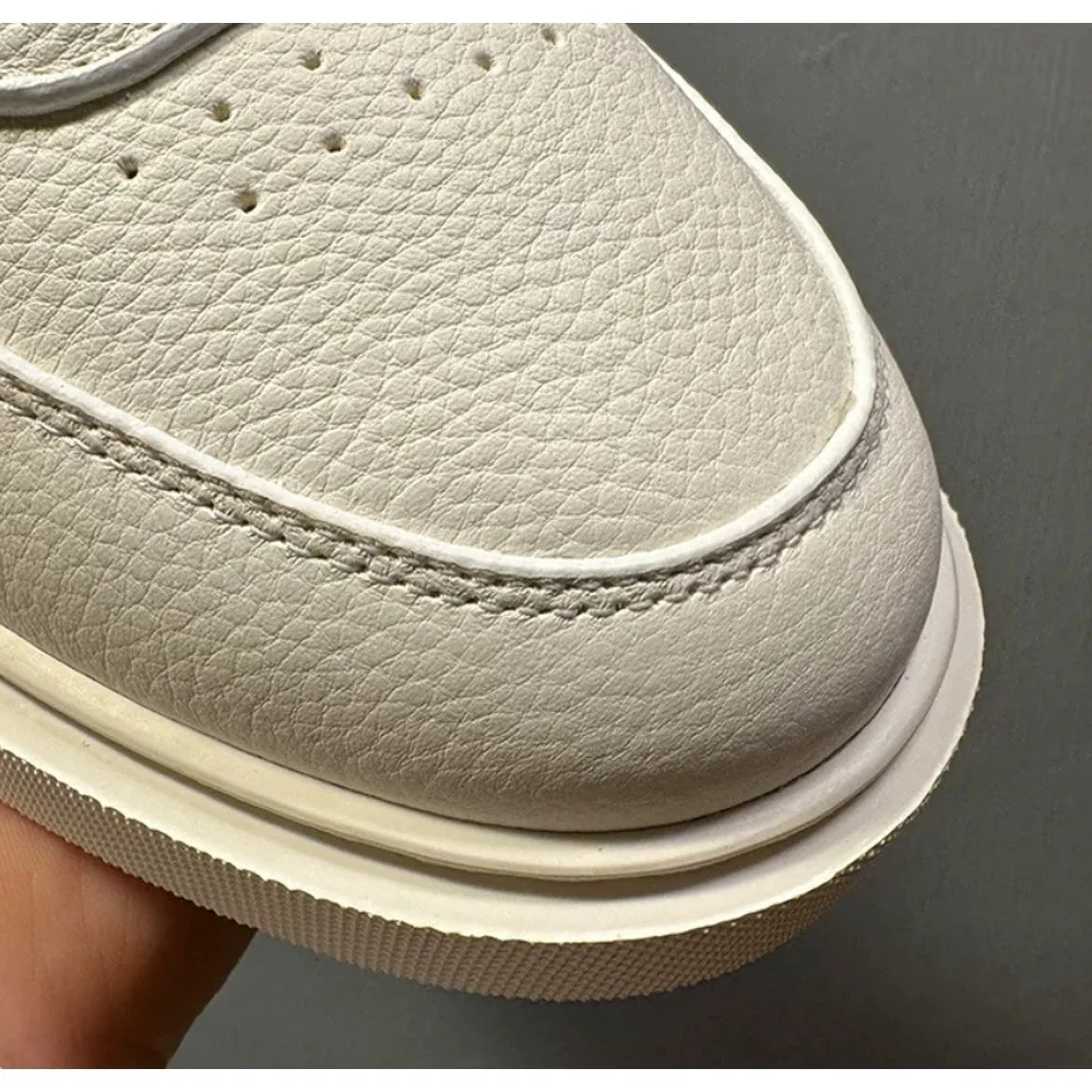 Men's Pebbled Leather Low Top White Sneakers, Lace-Up Thick Platform Casual Skate Shoes, Breathable Daily Walking Footwear