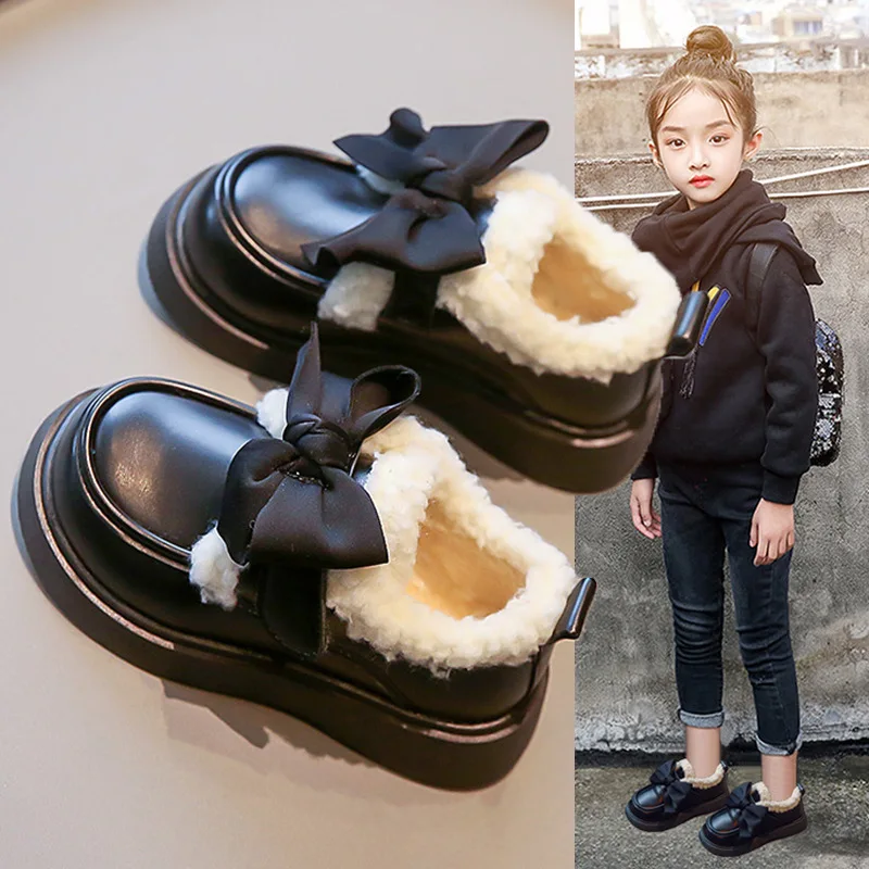 2023 Girl Shoes Cotton Shoe Warm Shoes Girl Plush Thickened Winter Shoes for Girl Princess Leather Shoe Mary Jane Zapato Niña