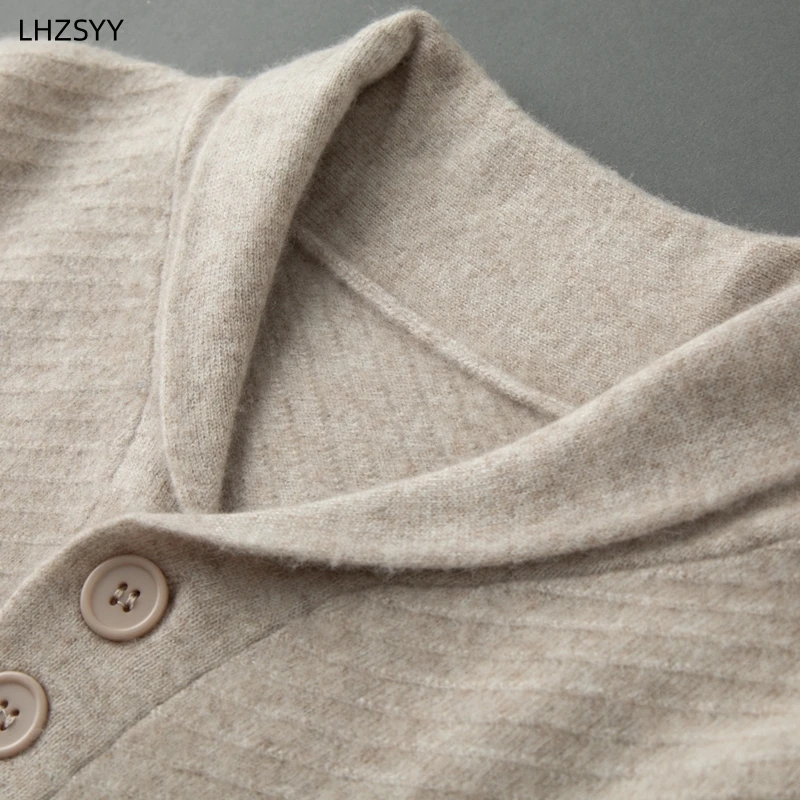 LHZSYY 100%Pure Cashmere Sweater Men\'s Lapel Long Sleeve Pullovers Young Loose Button Tops High-End Business Casual Knit Shirt