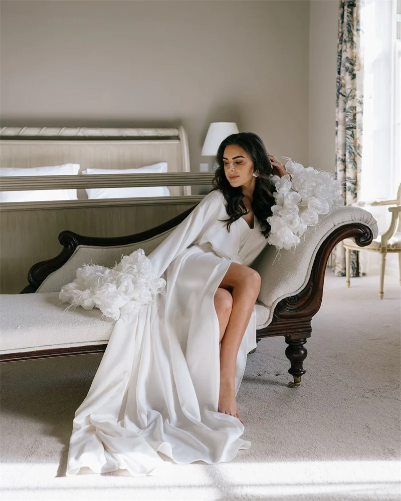 

Luxury White Women Wedding Prom Dress For Photo Shoot 3D Flower Sexy V Neck Full Sleeves Bridal Evening Gown Customized Robe