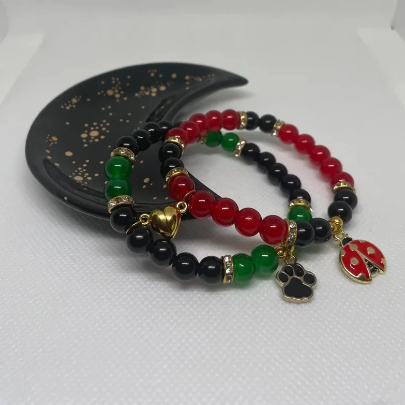 Handmade red and green bead bracelets with ladybug and cat footprints | Unique and charming themed bracelet | Gift for her