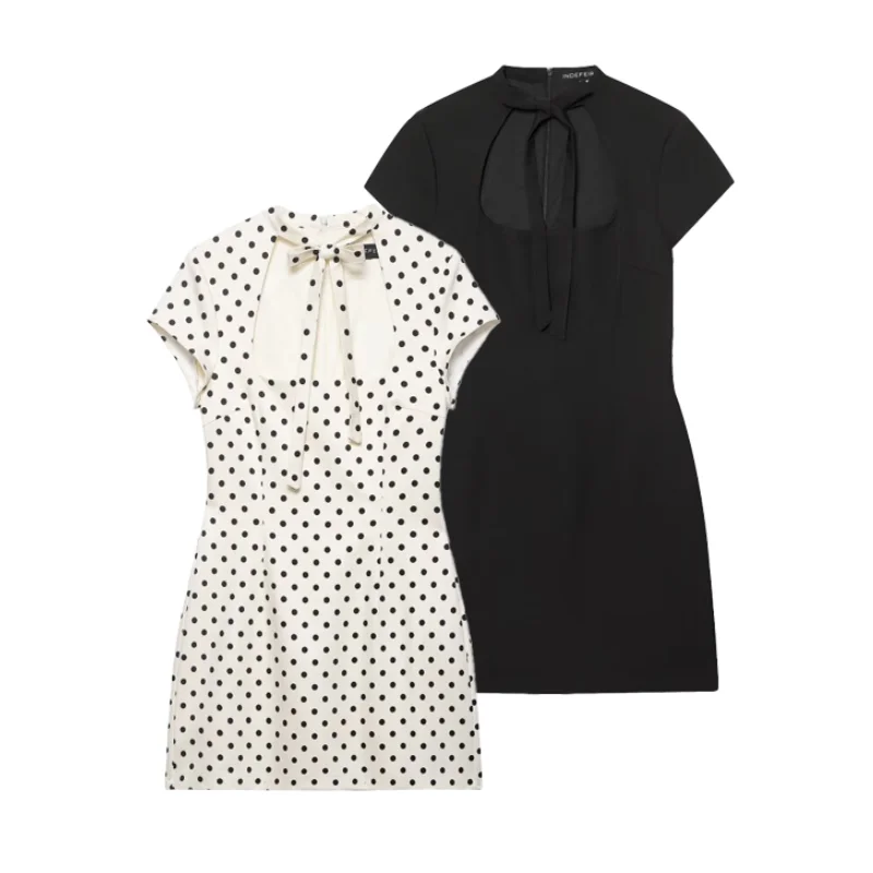 Mini-robe à découpes avec nœud papillon sur le devant, robe moulante à pois à manches courtes pour femme, robe de soirée sexy tendance printemps-été