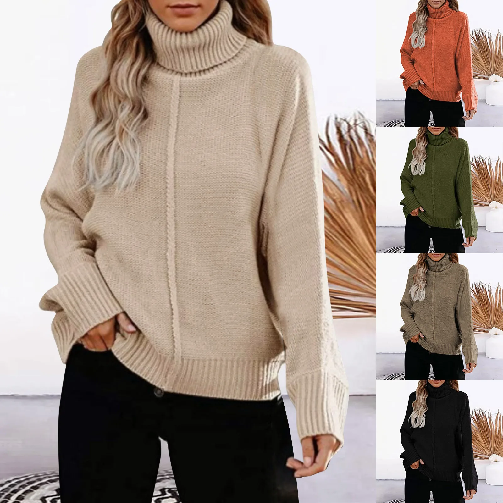 

Turtleneck Knitted Sweater Autumn Winter Women's Oversize Long Sleeve Loose Pullover Tops Streetwear Soft Warm Elastic Sweaters