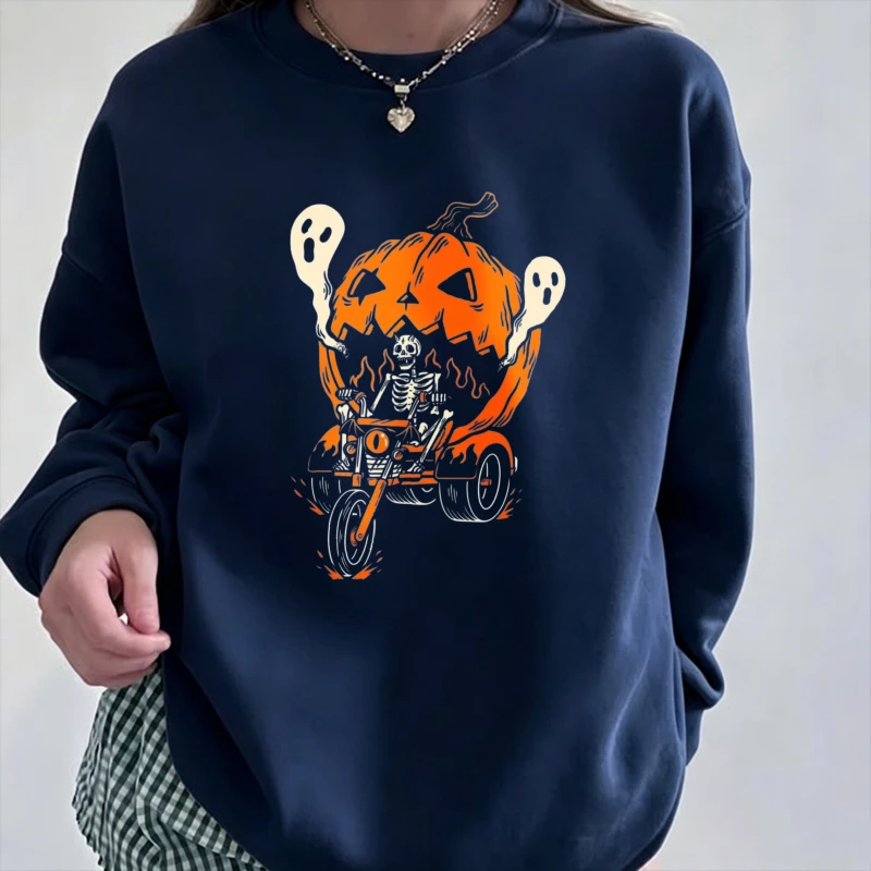 Halloween Skeleton Riding Motorcycle Jack O Lantern Ghost Graphic  Sweatshirt Spooky Retro Print Pullover Casual Fall Streetwear