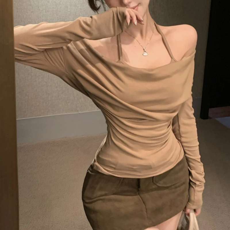 

Off-shoulder Pleated Solid Color Casual Long-sleeved T-shirt Women 2024 Summer New Fake Two-piece Sexy Slim Halter Crop Tops