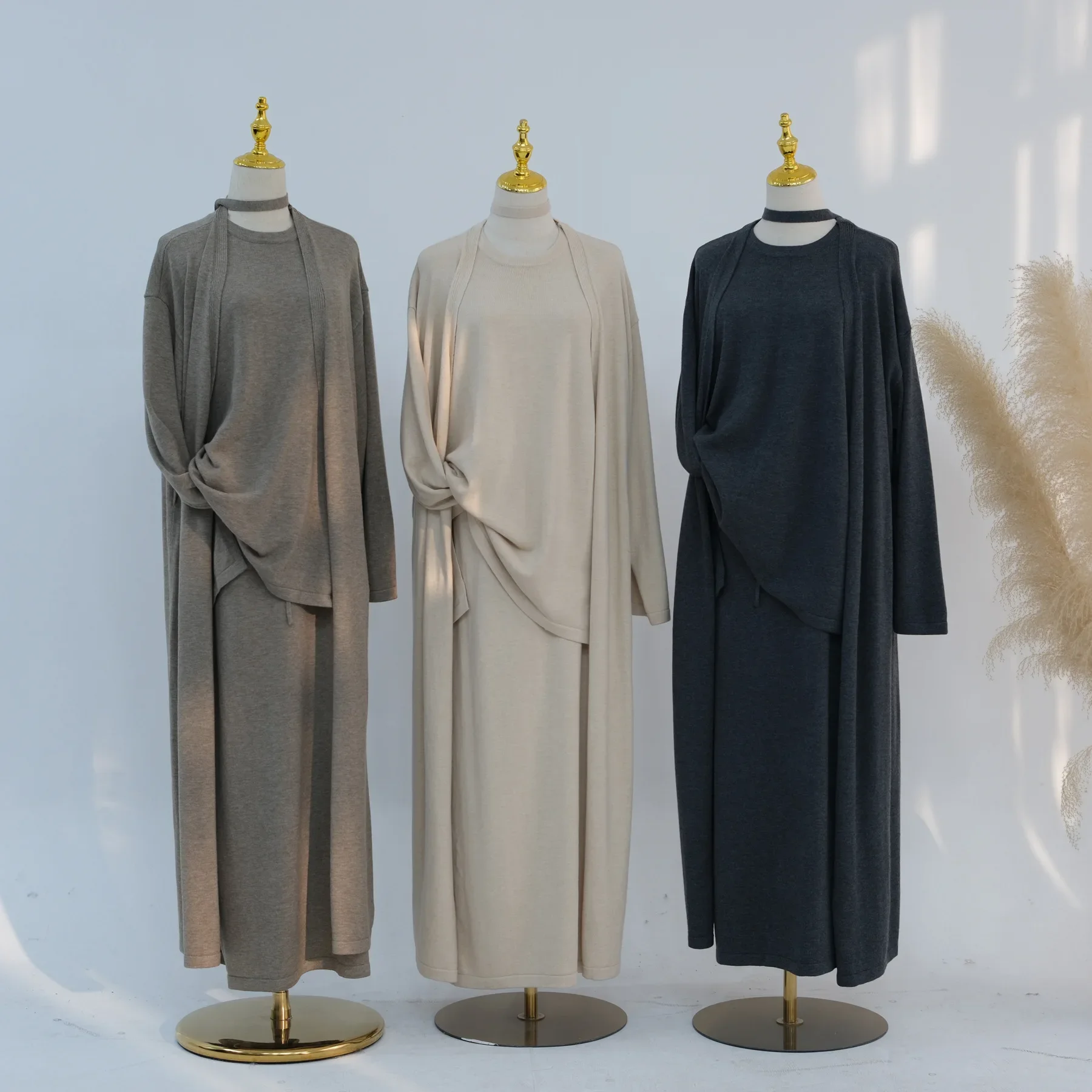 3PCS Winter Abaya Muslim Woman Set Thick Knitted Cardigan Top Skirt Dubai Islam Outfit Ramadan Eid Ensembles Kimono Dress Robe