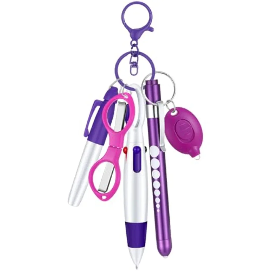 

6 Pcs Nurse Pen Set Include Permanent Marker Pen Retractable Ballpoint Pen Keychain Clip Foldable Scissors Lights LED Flashligh