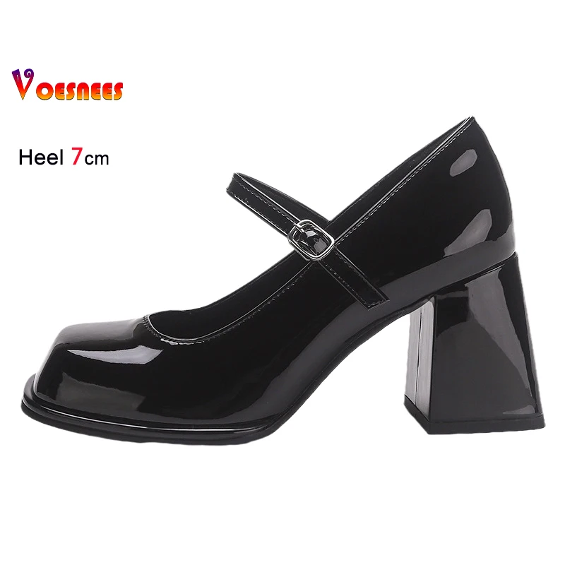 

2025 New Women Platform Black High Heel Pumps Fashion Square Toe Mary Jane Shoes 7CM Chunky Heeled Working Party Shoes For Woman