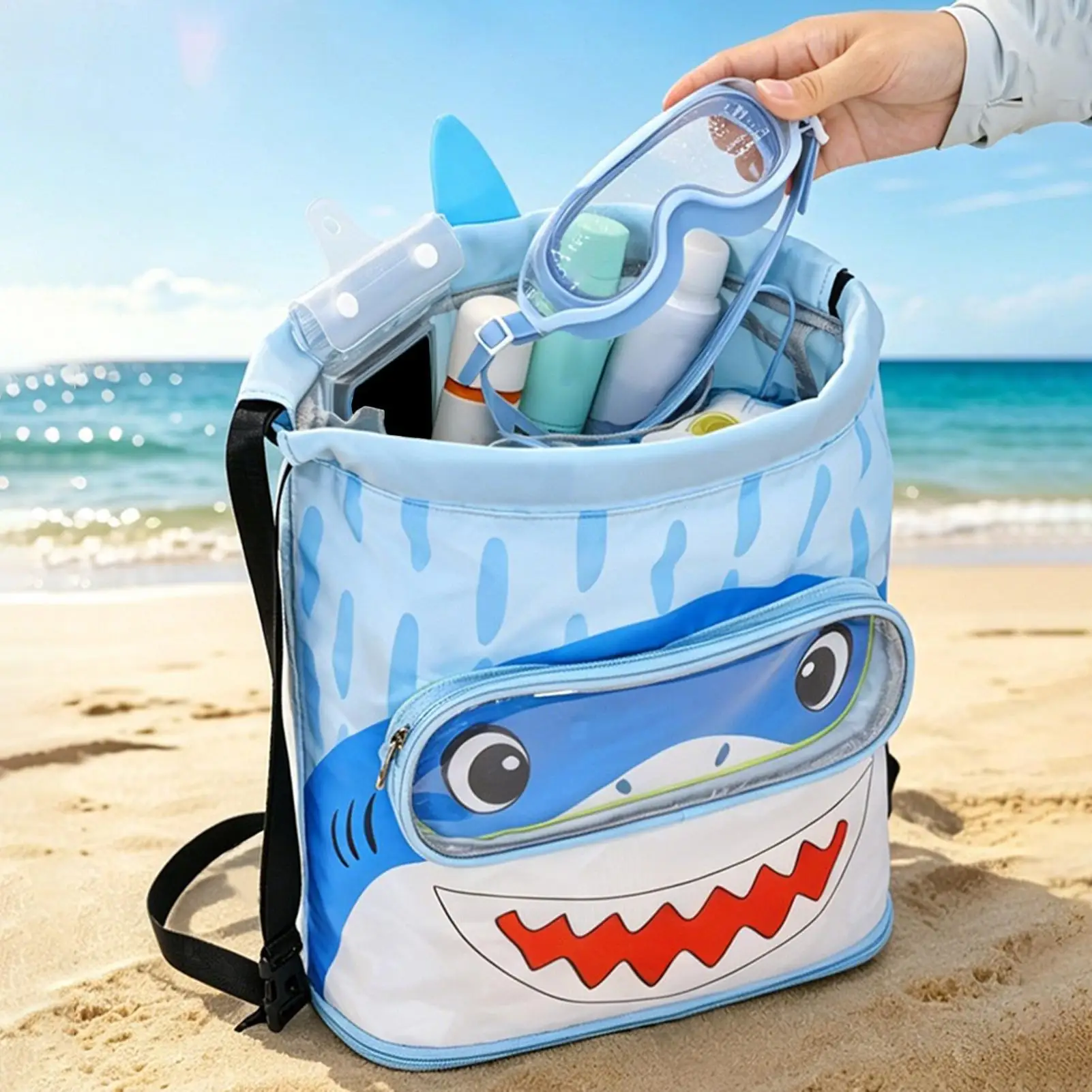 Cartoon Shark Kids Swim Bag Large Capacity Drawstring Gear Towels Water Bottles Sunscreen Toys Pool Beach Summer Camping