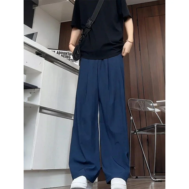 

Faionable Loose Ice Silk Navy Blue Men's Pants Multi-Purpose Summer Straight Leg Trousers Cool Casual Pants for Youth