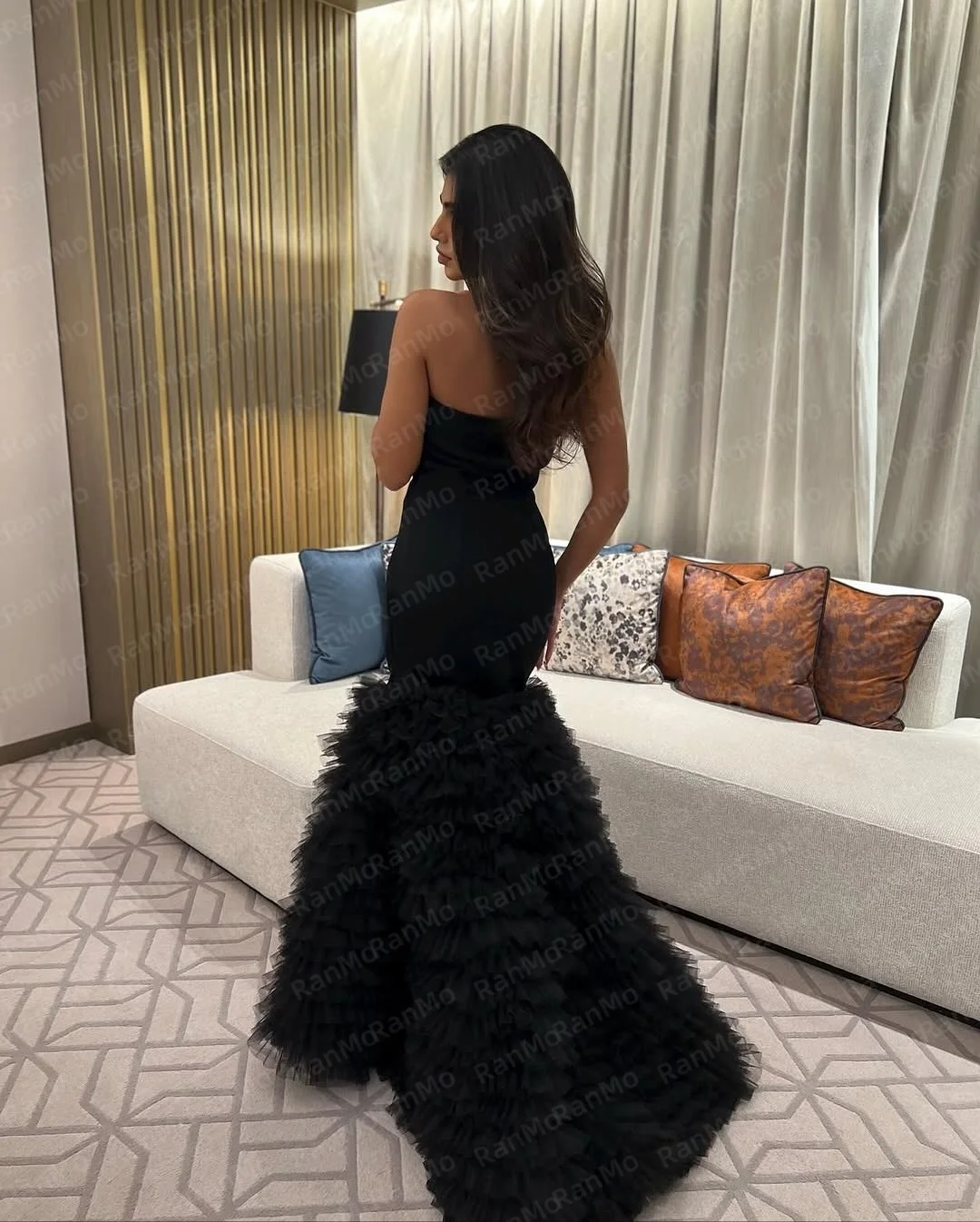 Ranmo-Vestidos De Noche negros personalizados, Vestidos De graduación multicapa De tul, sirena sin tirantes, hombros descubiertos, ajustados, 2026