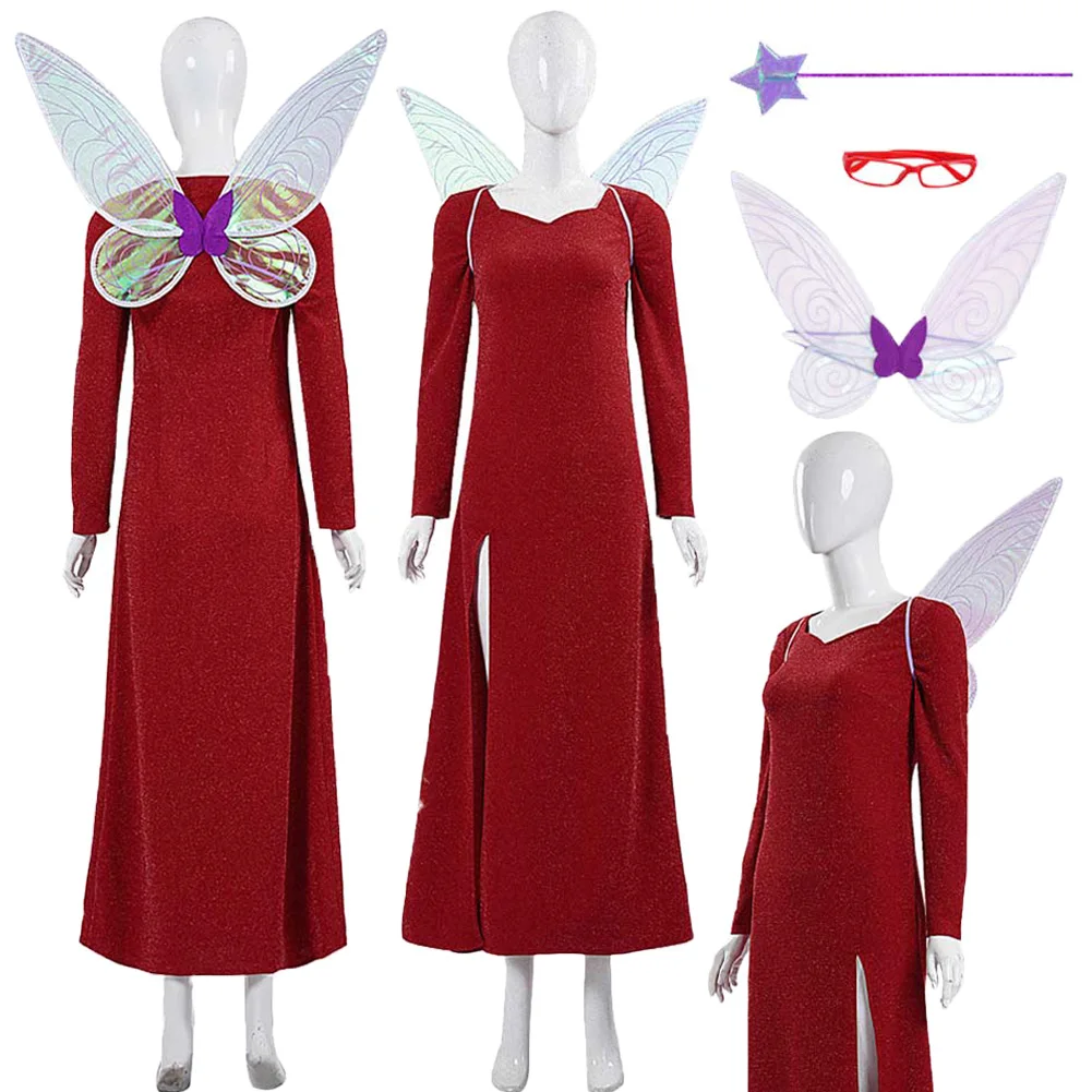 

Cartoon Monster Cosplay Fairy God Mother Red Dresses Cloth Female Adult Party Roleplay Costume Suits Outfits Halloween Carnival