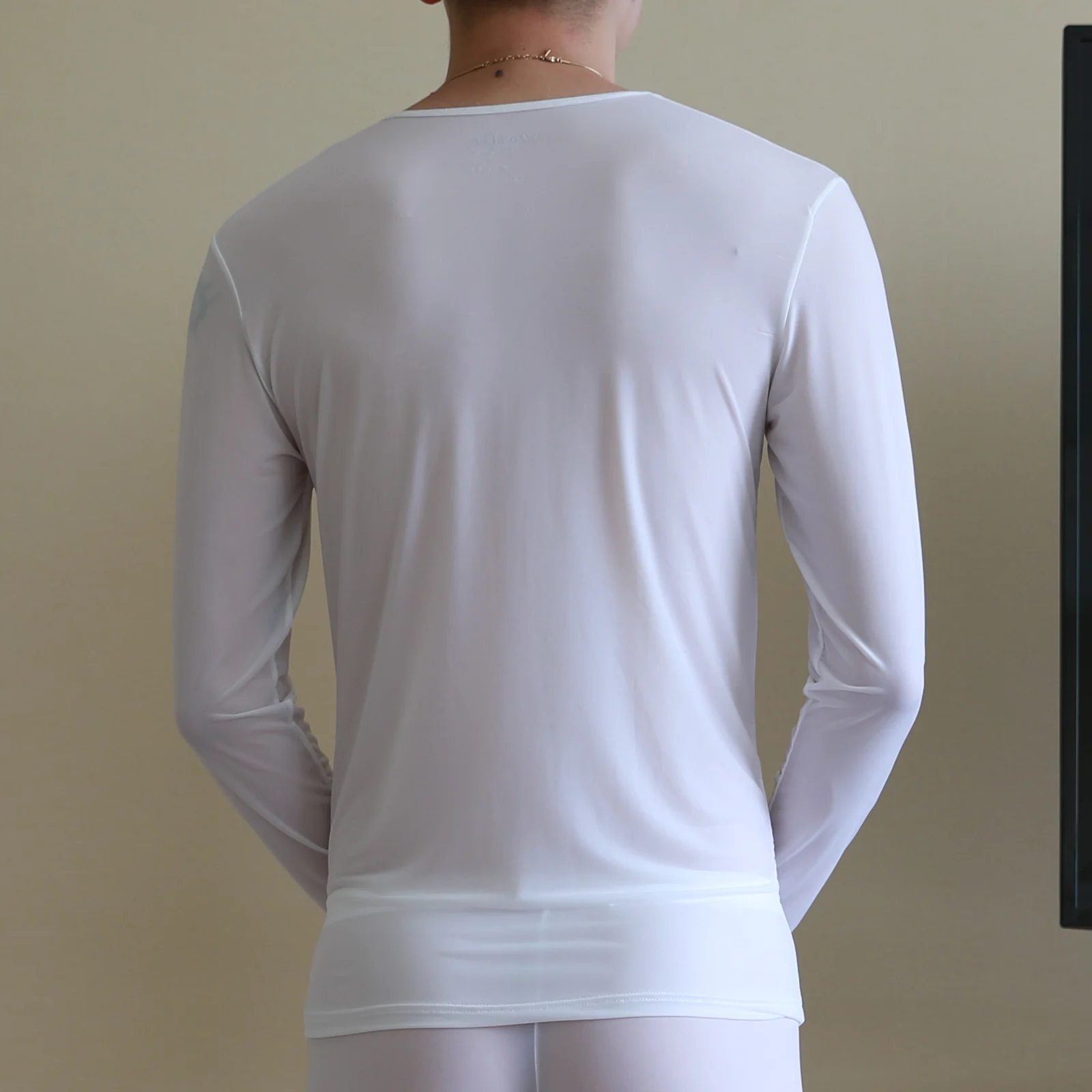 CLEVER-MENMODE hommes Ice injThermal Underwear Long Johns Y-Elastic Sexy Ultra Thin Sheer Undershirt Sleepwear Tees Shirts