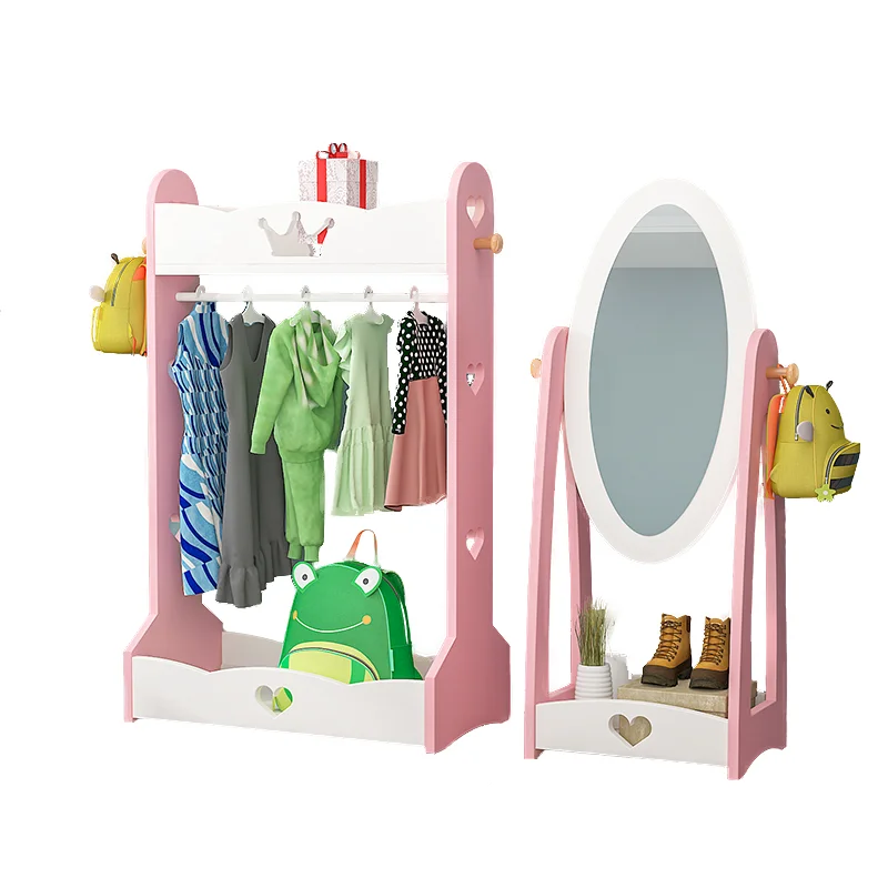 Children\'s Room Hanger Floor Solid Wood Dressing Mirror Bedroom Cartoon Ins Wind Kindergarten Coat Rack