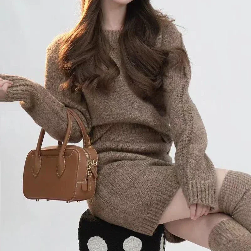 Spring and Autumn Knitted Sweater Set Women's Casual O-Neck Pullover Top Basic Versatile Short Skirt Thin Sweater Two-piece Set