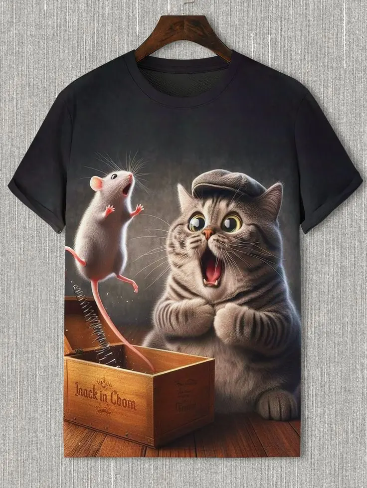 Men's Funny Laser Cat Dinosaur Art 3D Printed t shirts Man Women Short Sleeve O-Neck T-Shirt Oversized Loose Casual Cartoon Tops image 4