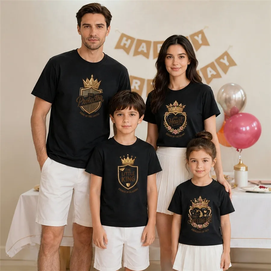 King Queen Crown Family Matching T‑Shirt, 100% Cotton Fashion Dad Mom Son Daughter Graphic Tee for Birthday Party