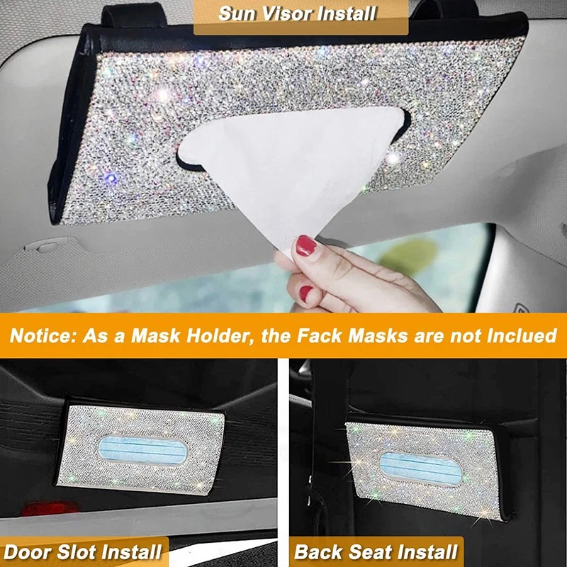 Bling Car Visor Tissue Holder Leather Crystal Sun Visor Paper Case & Bling Car Back Seat Headrest Holder Hooks For Women