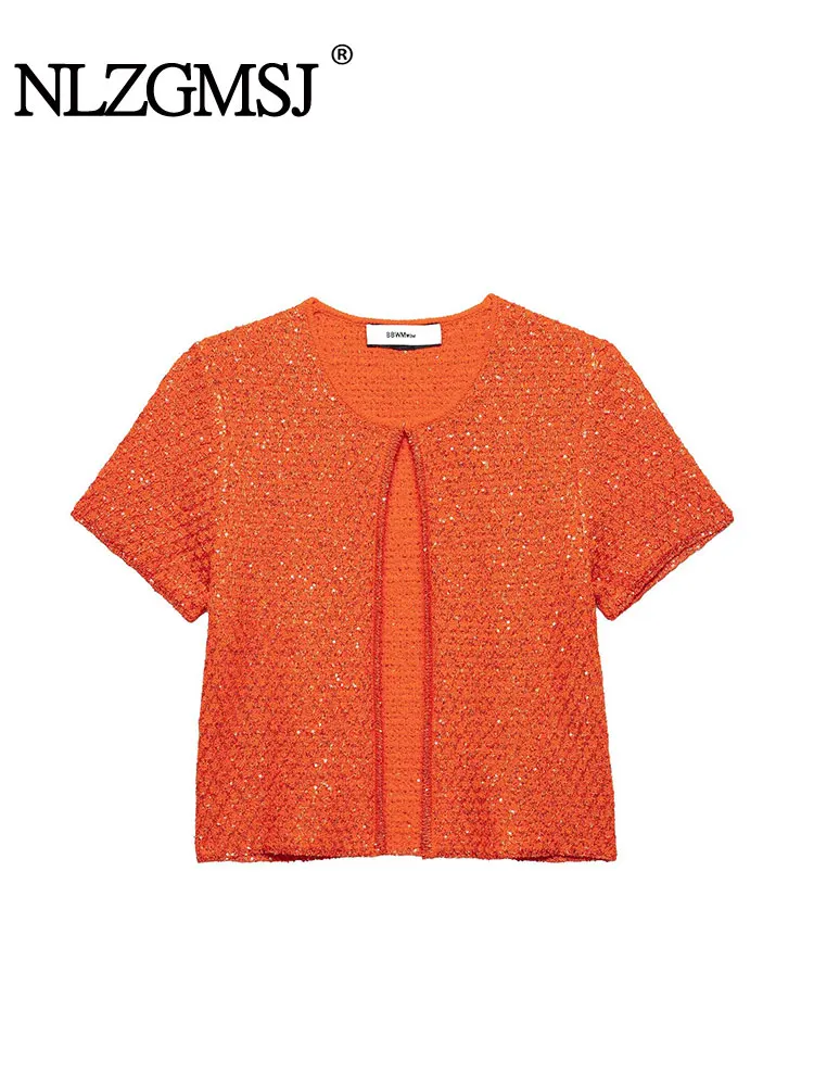

2025 Summer Casual Chic Women Sweater Bead Flake Short Sleeve Knitted Tops New Fashion Holiday Sweater