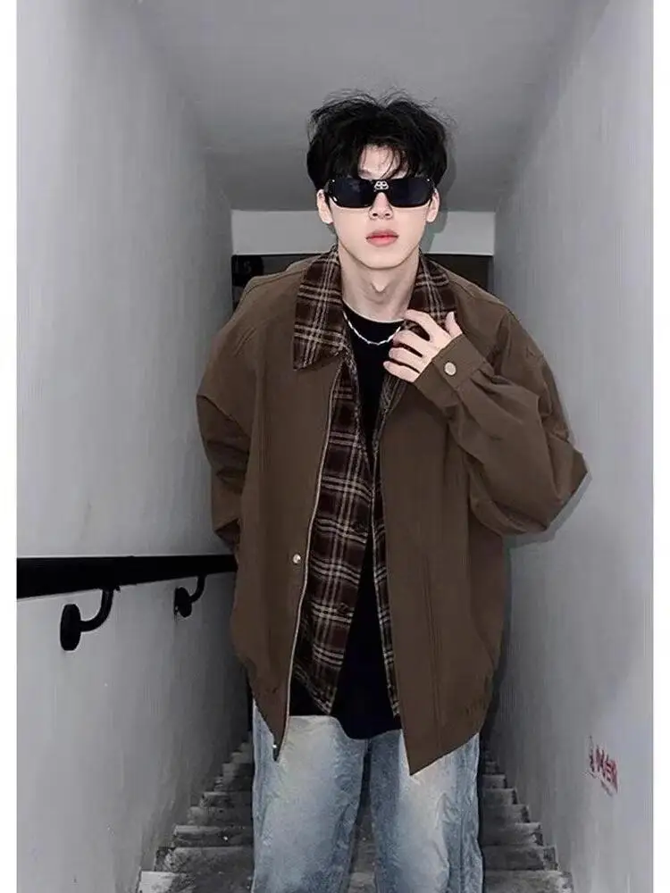 

Винтажный коричневый мужской бейсбольный джет, весенне-осенний откидной воротник, повседневный свободный крой из полиэфирного волокна с застежкой-молнией