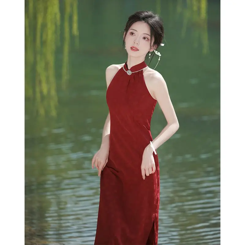 Wine Red Wedding Cheongsam Chinese New Style Vintage Improved Women Summer Elegant Dress Slim-fit Qipao S To XXL