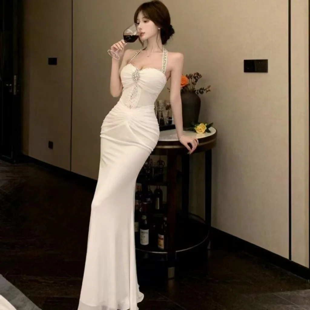 Elegant Sexy Neckline Lace Splice Long Dress Women's High Waist Knitted Cotton Polyester Gown Perfect for Date in Summer