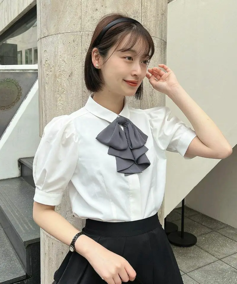 Japanese Elegant Retro Polo Collar Bow Tie Bubble Sleeve Single-breasted Versatile Commuter Solid Color Shirts Tops Women Summer