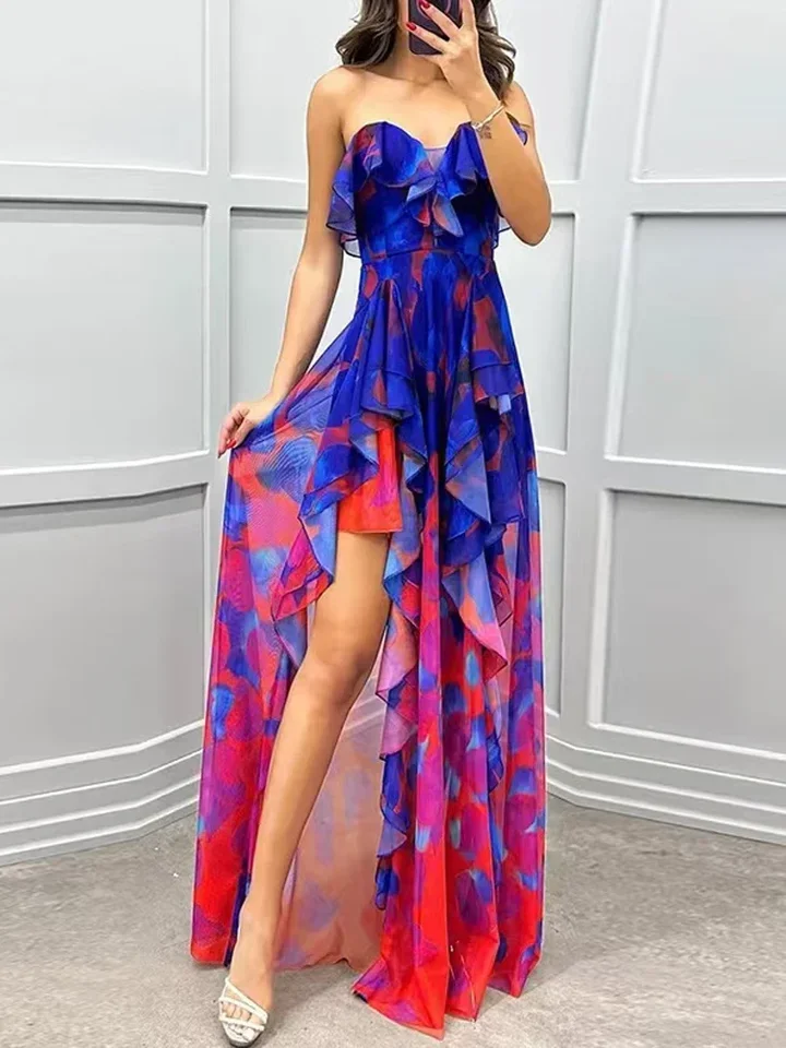 Elegante sexy fora do ombro gradiente irregular vestido de festa feminino babado flor impressão bohe vestidos longos drapeado chique vestido de noite