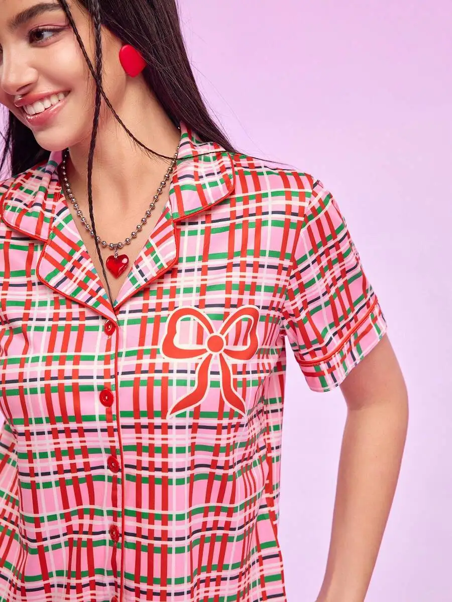 

Womens Plaid Print Button Front Short Sleeve Sleep Top With Bow Design