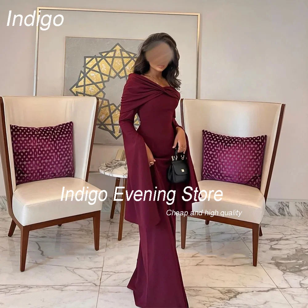 Indigo-vestido de noche plisado para mujer, traje elegante de sirena de manga larga con hombros descubiertos, Formal, personalizado, para fiesta de graduación