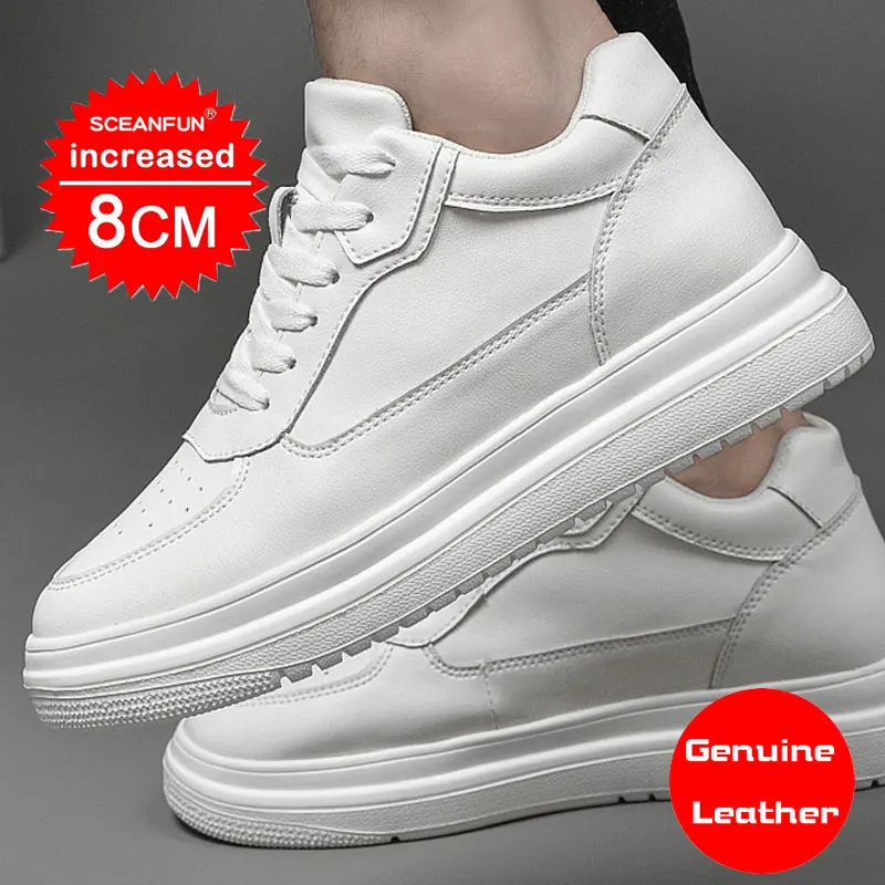 

Genuine Leather Invisible Height Increasing 6cm,8cm White Men's Breathable ELevator Sports Casual Sneaker Board tennis Shoes