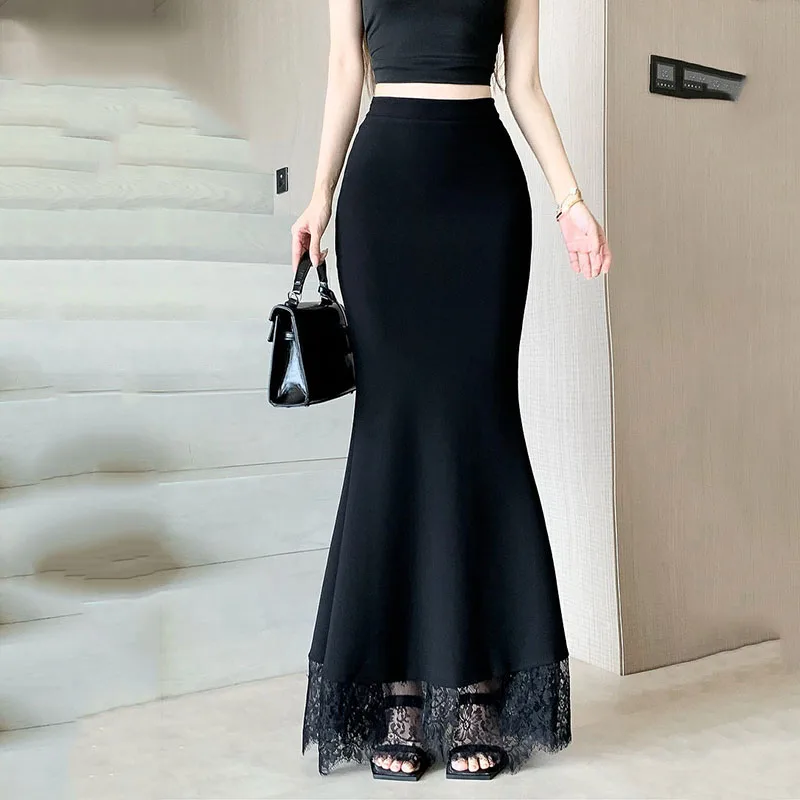 

Новая модная элегантная черная кружевная юбка макси с завышенной талией, облегающая, для женщин, сексуальная, весна-лето, Jupe Longue 2026