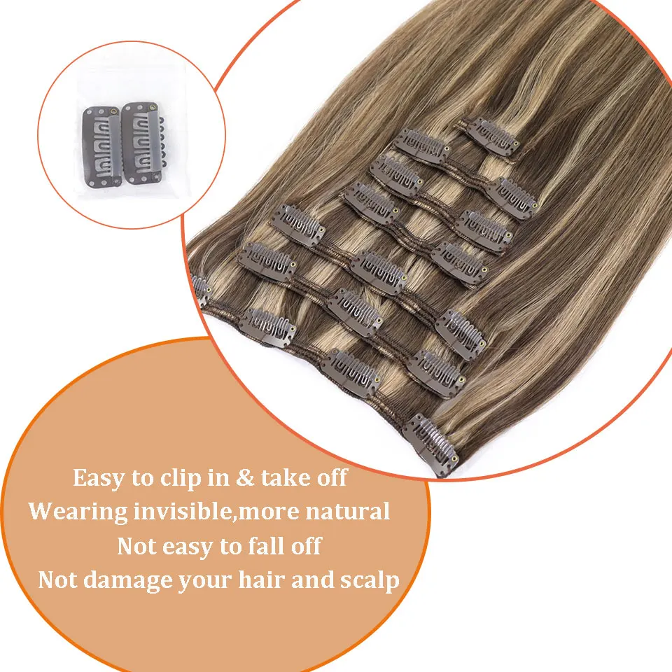 Extensiones con clip rubias de cabello humano, invisibles, #4/27 balayage con reflejos castaños, para mujer, 7 piezas por paquete, 120g 3
